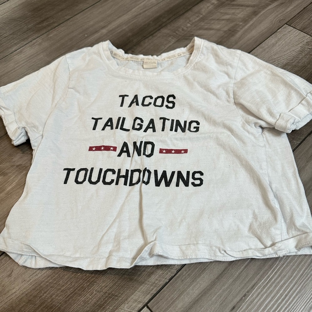 White Graphic Tee with Black and Red Text